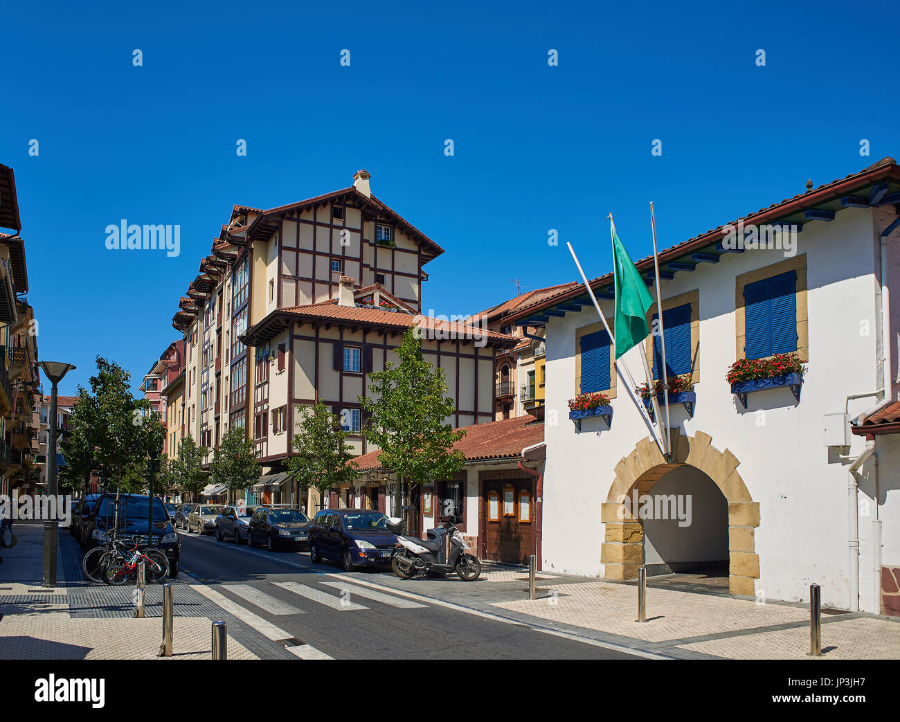 Hondarribia, Spain - July 16, 2017. Typical antique buildings in Zuloaga Kalea street (city centre) of Hondarribia (Fuenterrabia), in Gipuzkoa, Basque Stock Photo