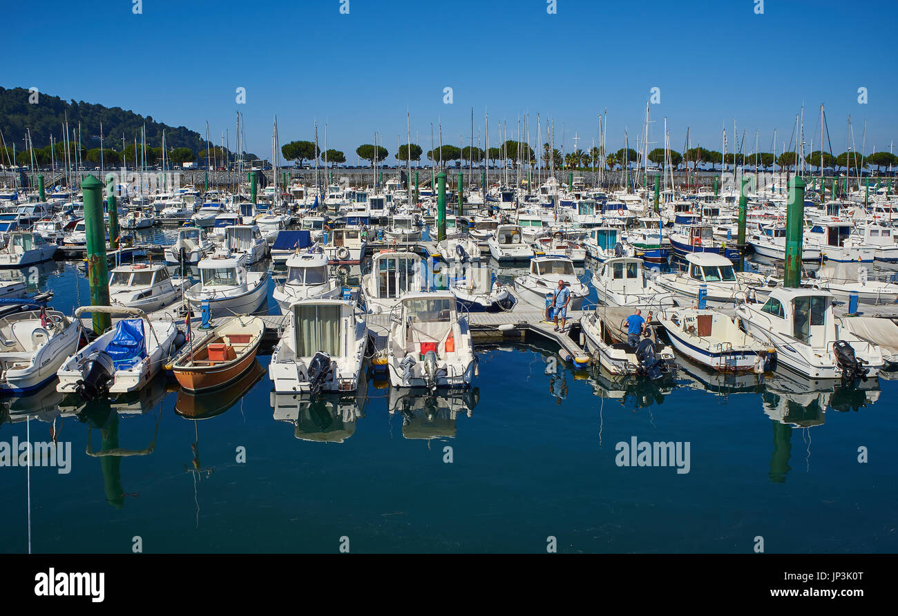 Hondarribia, Spain - July 16, 2017. Yachts moored in Marina port, the leisure harbour of Hondarribia (Fuenterrabia), in Gipuzkoa, Basque country, Spai Stock Photo