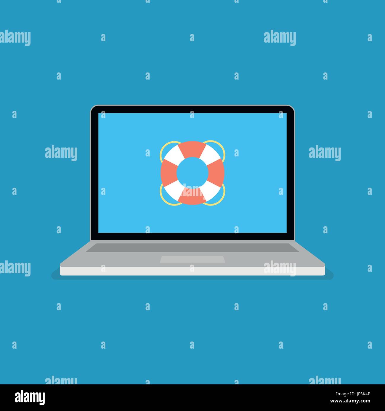 Life buoy icon on computer screen. Web Support modern flat vector illustration. Stock Vector