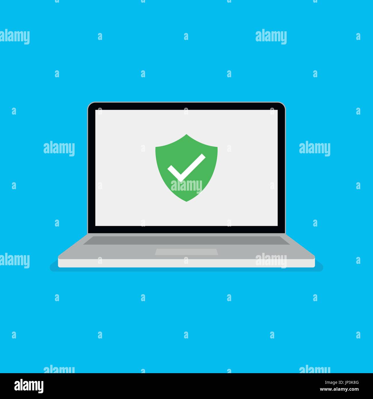Green shield icon with checkmark on computer screen. Web security ...