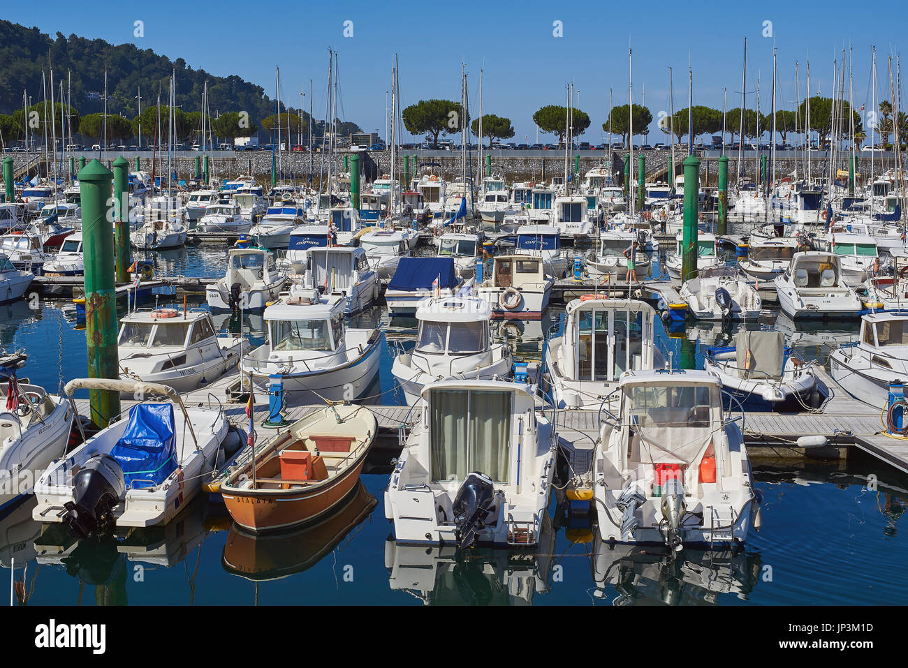 Hondarribia, Spain - July 16, 2017. Yachts moored in Marina port, the leisure harbour of Hondarribia (Fuenterrabia), in Gipuzkoa, Basque country, Spai Stock Photo