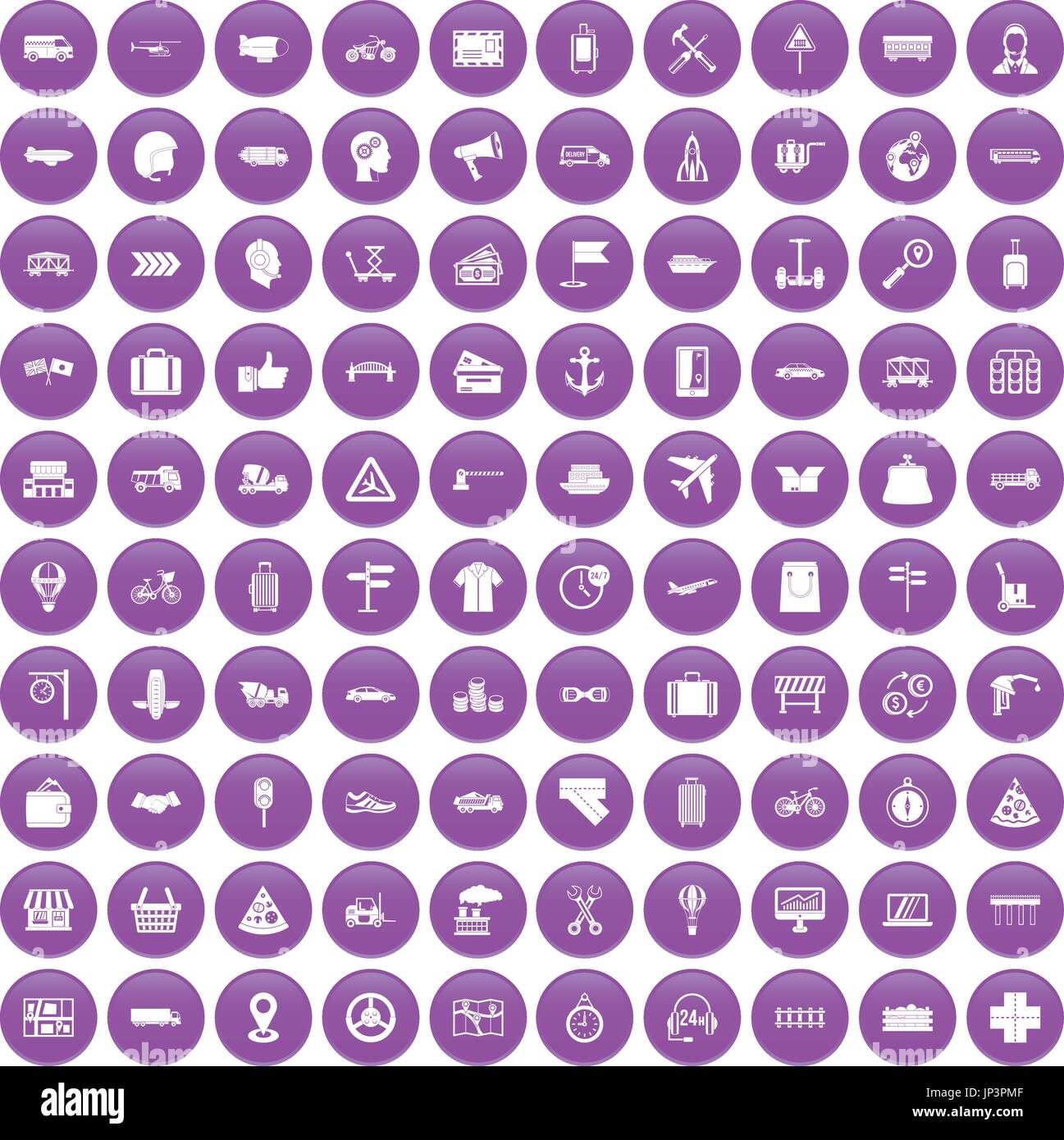 100 delivery icons set purple Stock Vector