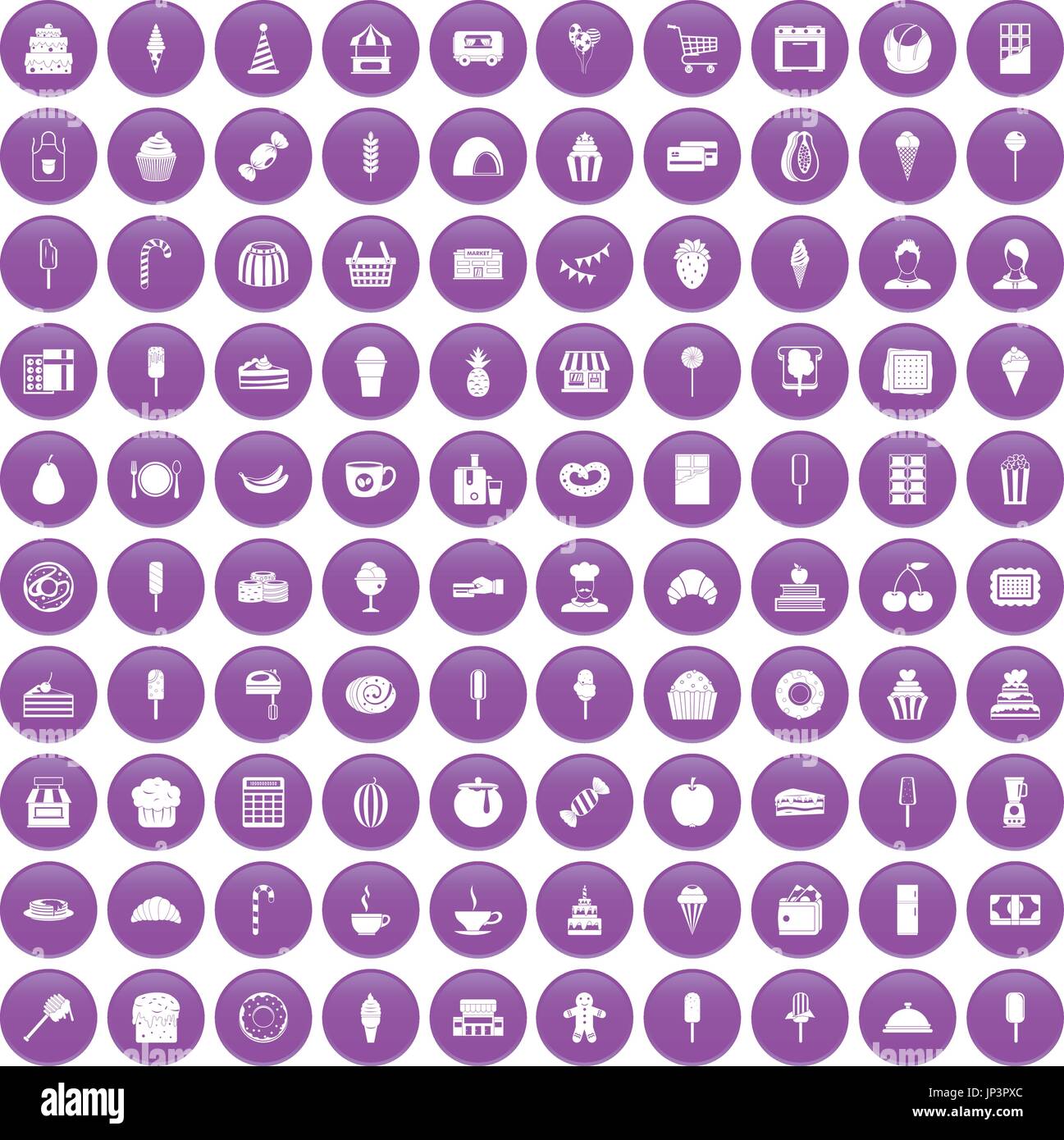 100 dessert icons set purple Stock Vector