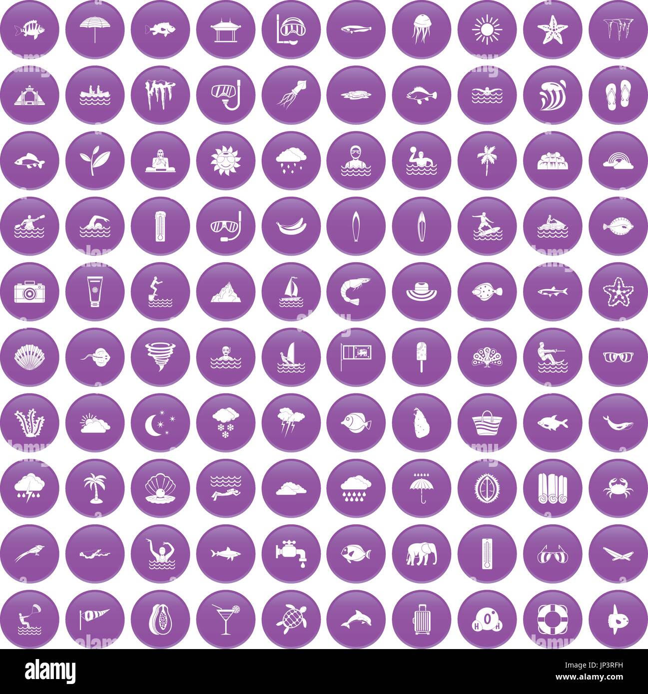 100 diving icons set purple Stock Vector