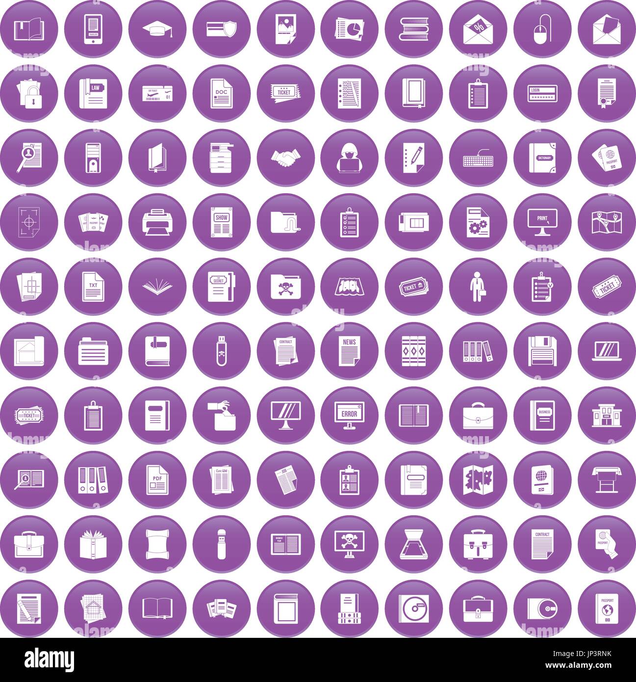 100 document icons set purple Stock Vector