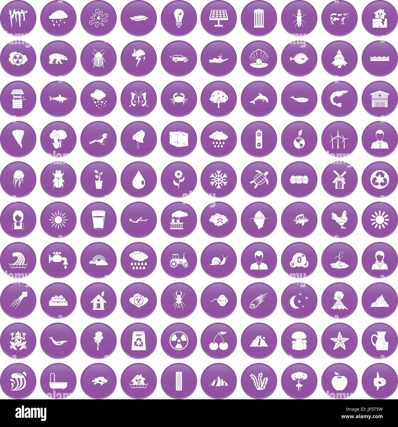 100 earth icons set purple Stock Vector