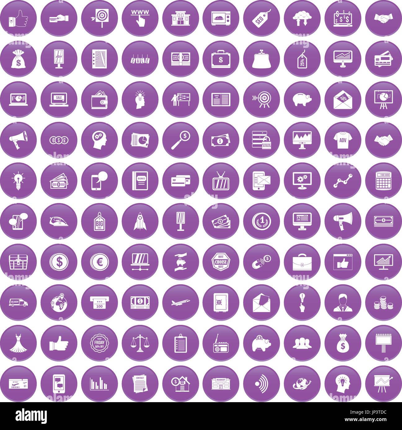 100 e-commerce icons set purple Stock Vector