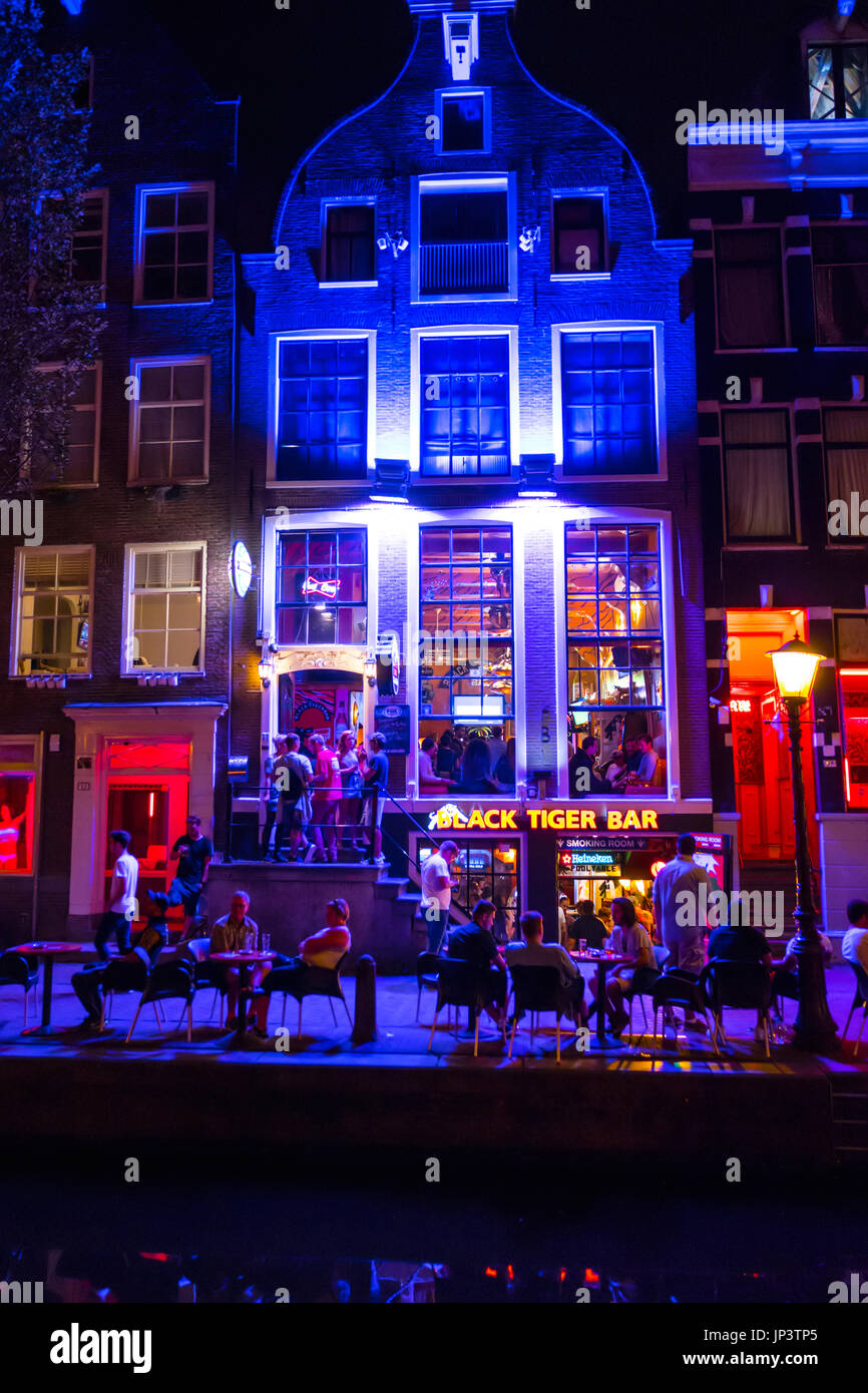 The colorful illuminated buildings in the Red Light District of Amsterdam - AMSTERDAM - Stock Photo - Alamy