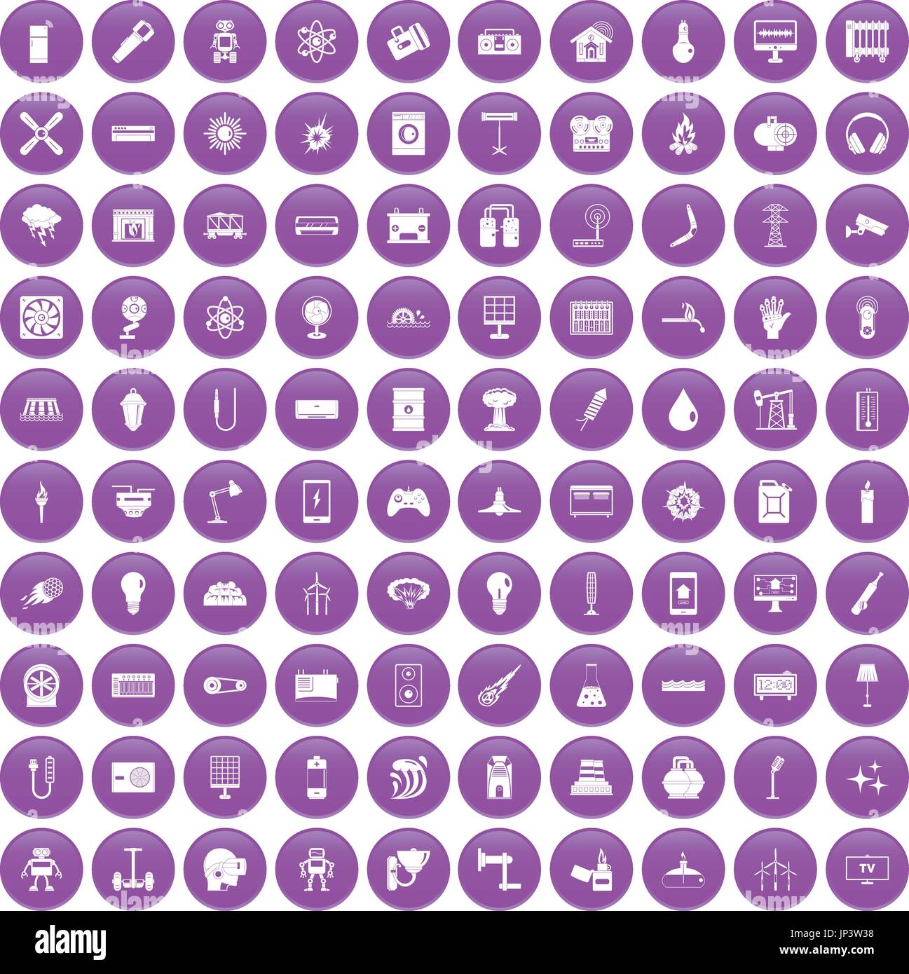 100 energy icons set purple Stock Vector