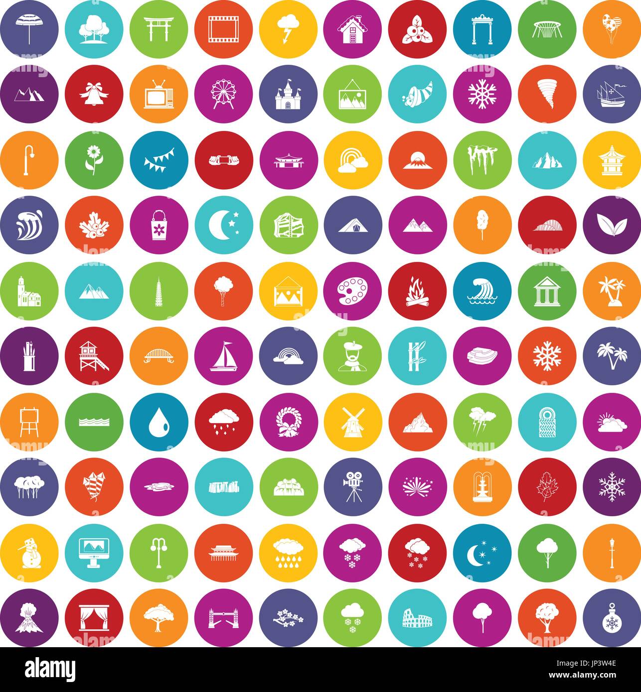 100 scenery icons set color Stock Vector