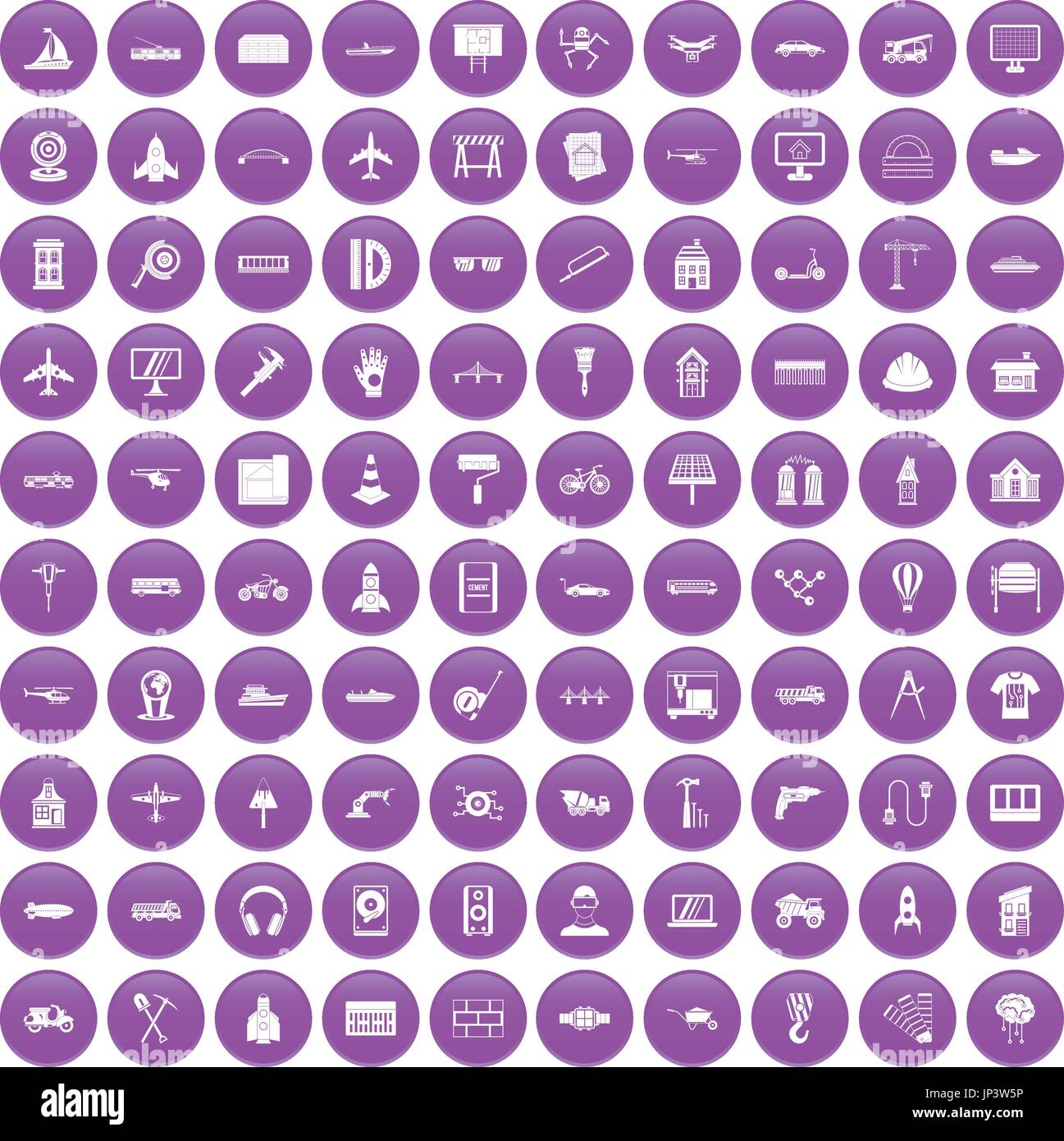 100 engineering icons set purple Stock Vector