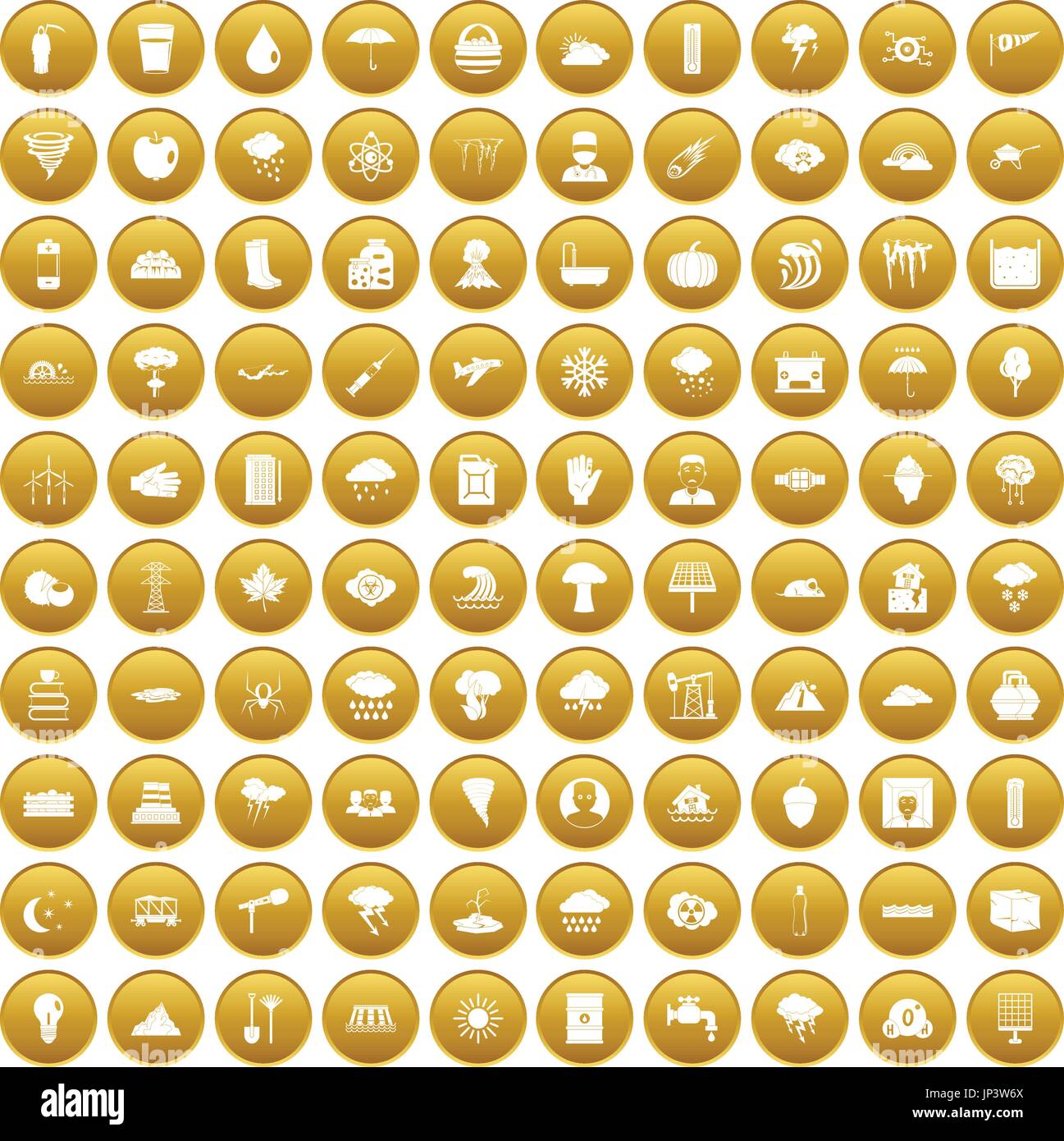 100 thunderstorm icons set gold Stock Vector