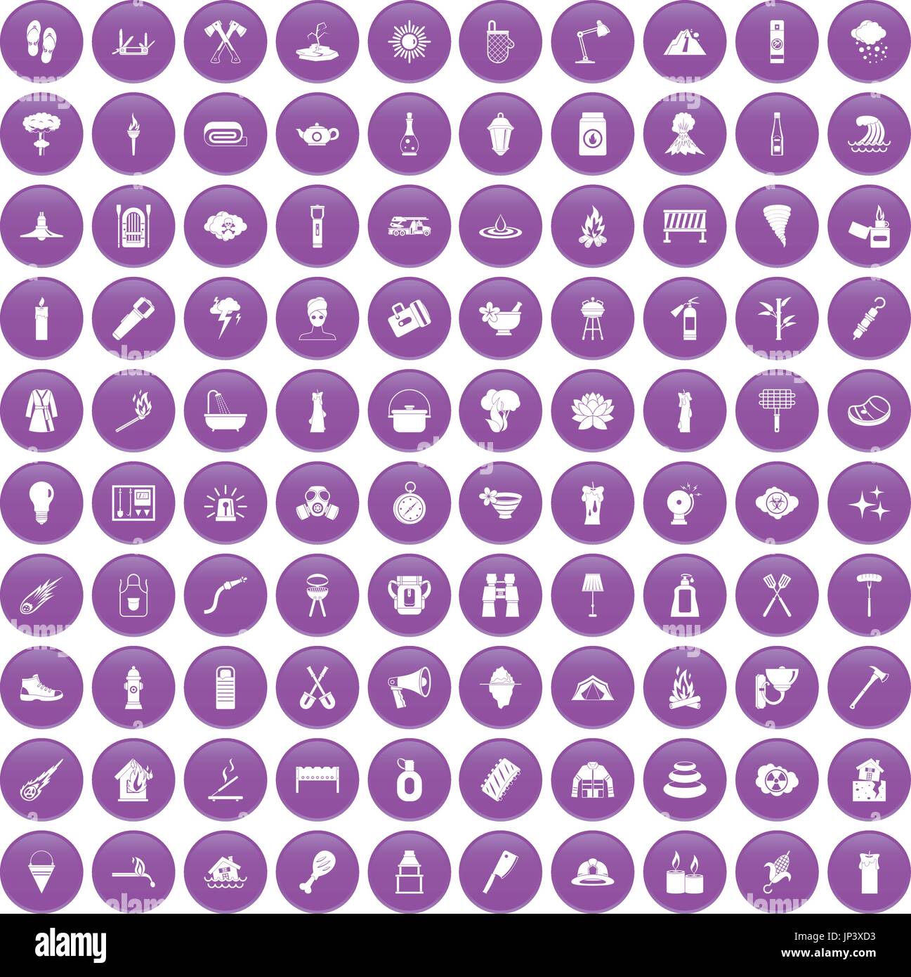 100 fire icons set purple Stock Vector