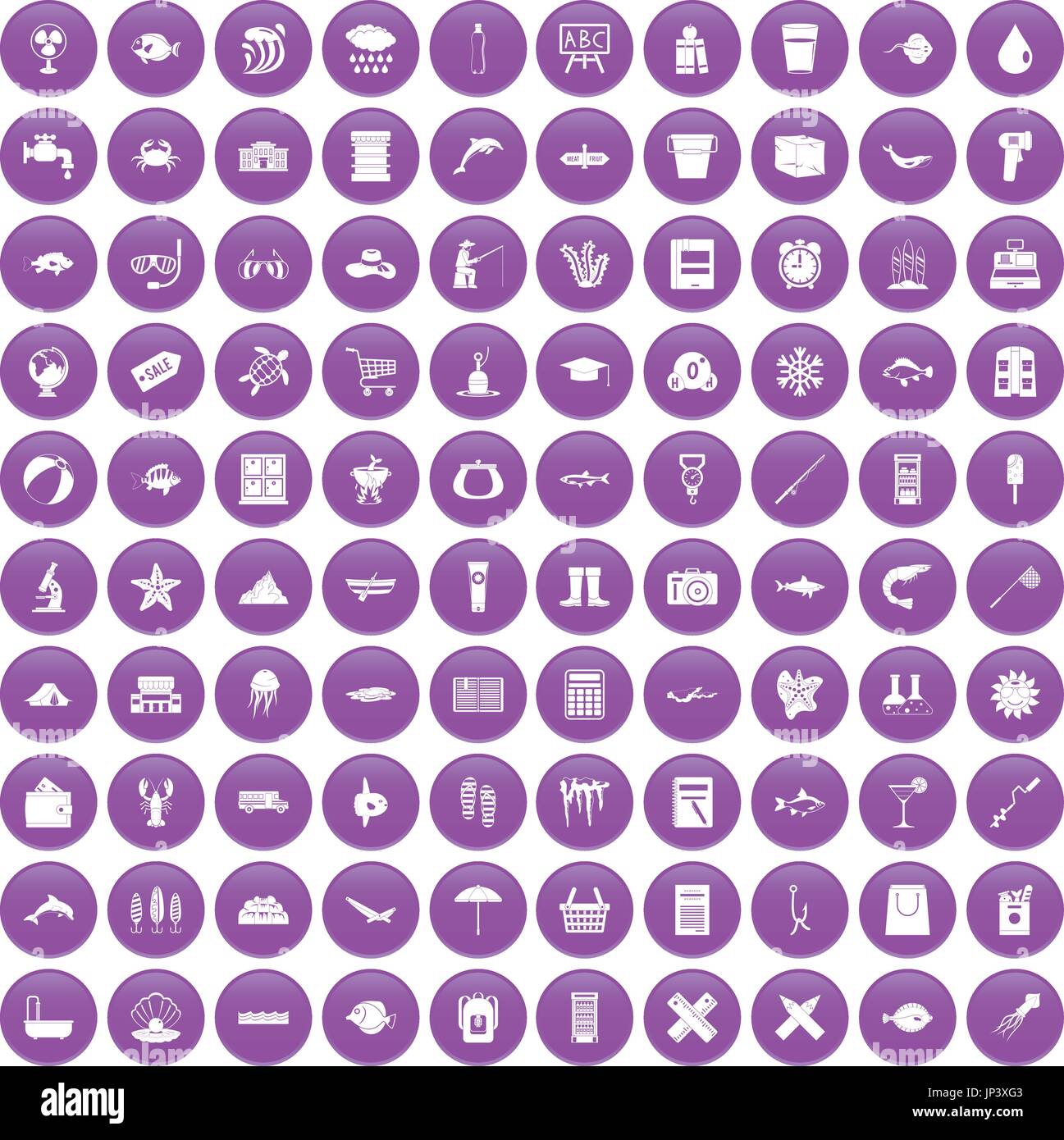 100 fish icons set purple Stock Vector