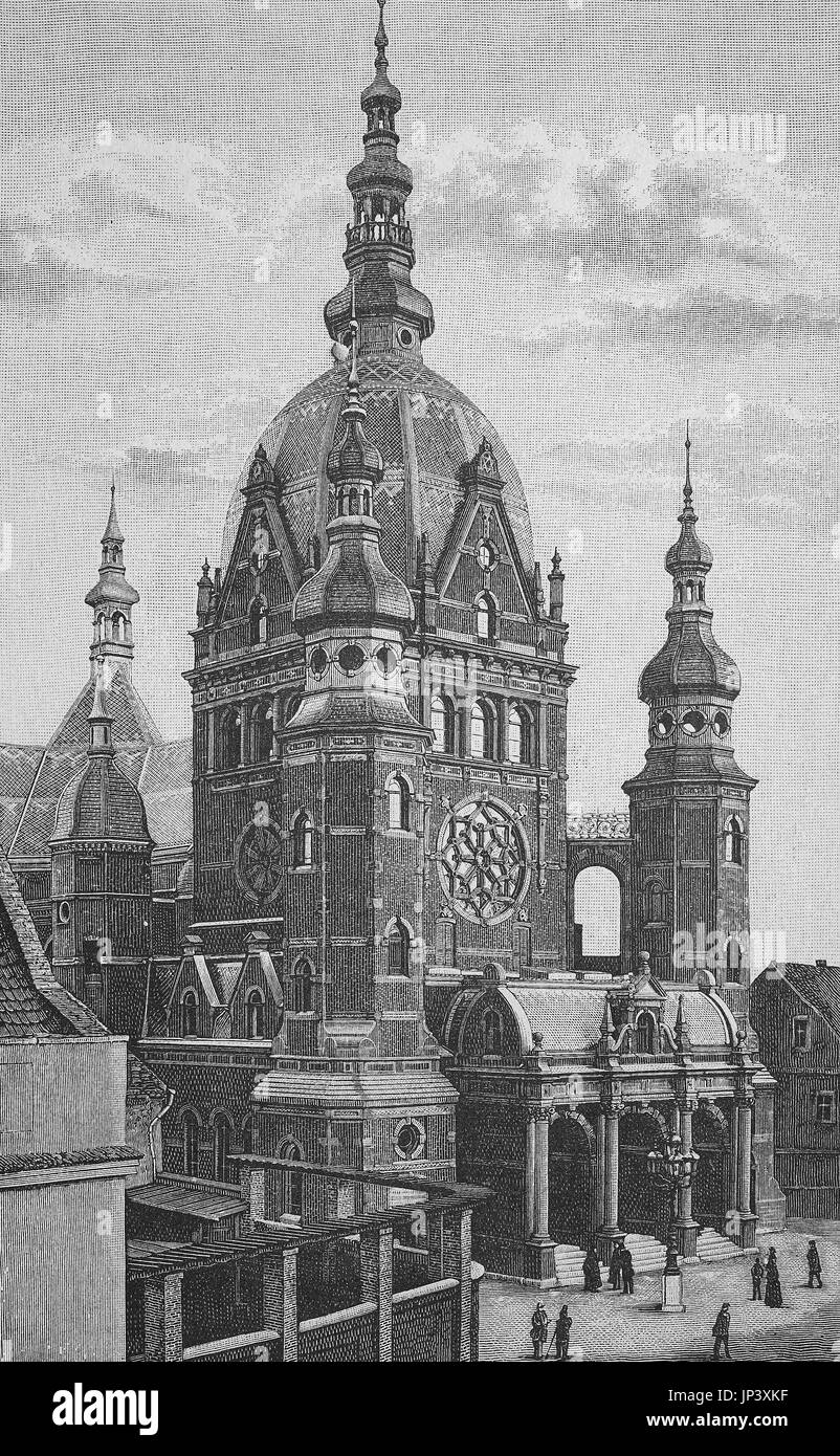 The new synagogue in Gdansk, Poland, digital improved reproduction of a woodcut publication from the year 1888 Stock Photo