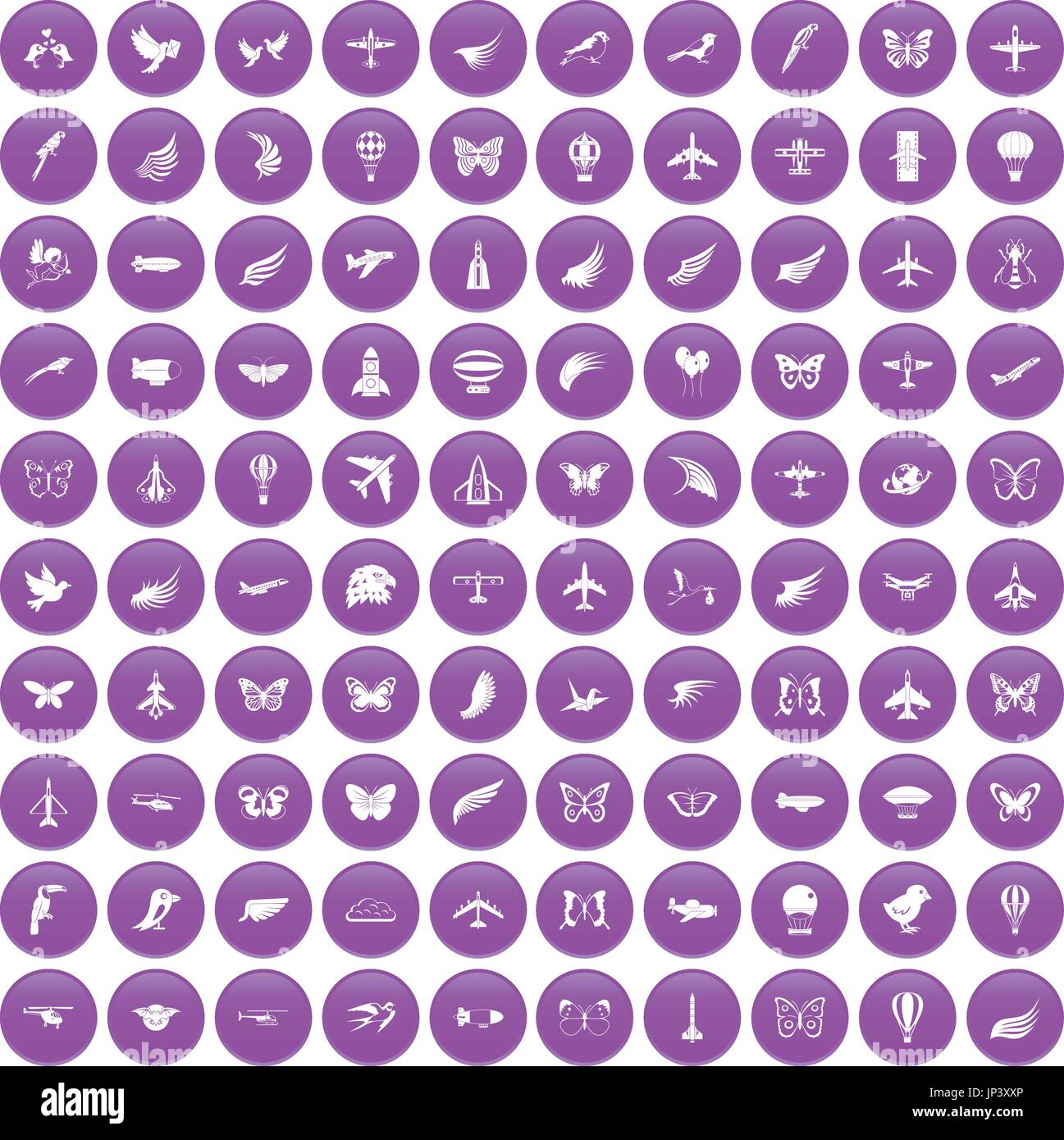 100 fly icons set purple Stock Vector