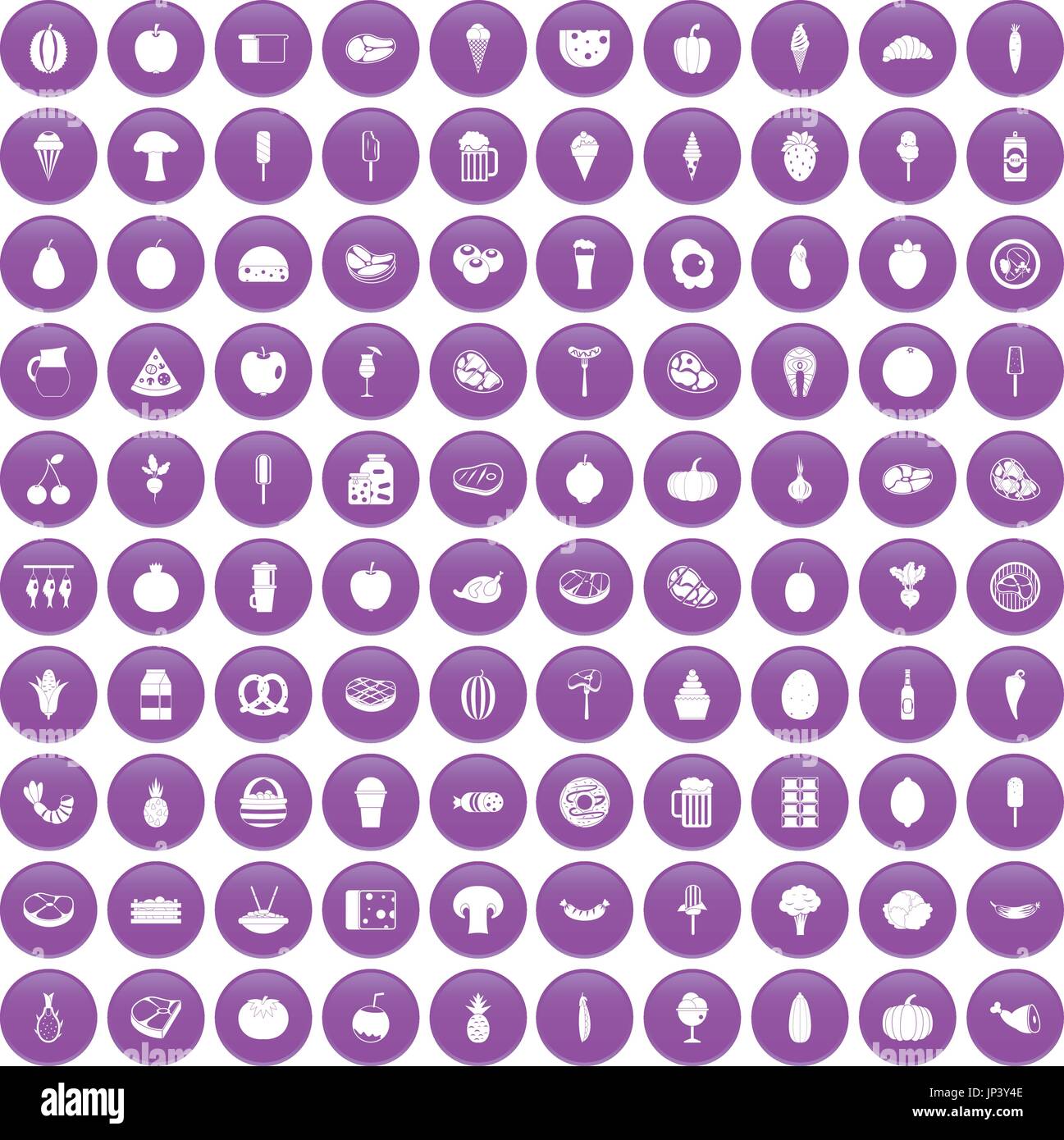 100 food icons set purple Stock Vector