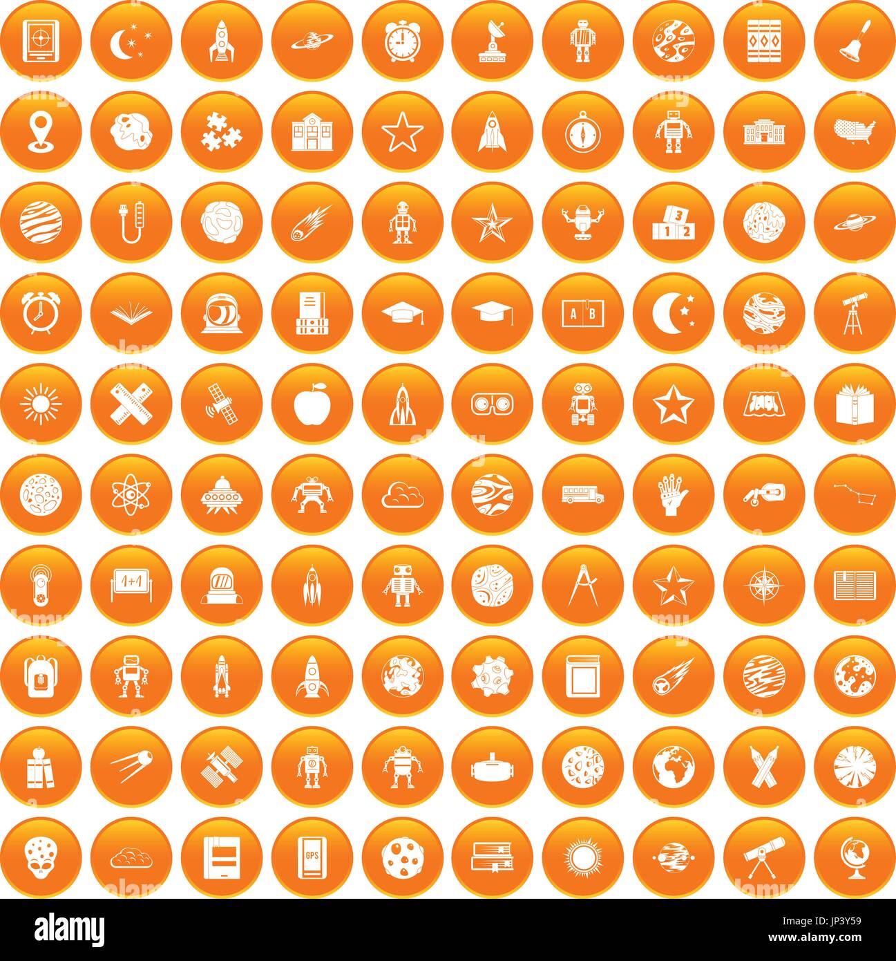 100 astronomy icons set orange Stock Vector