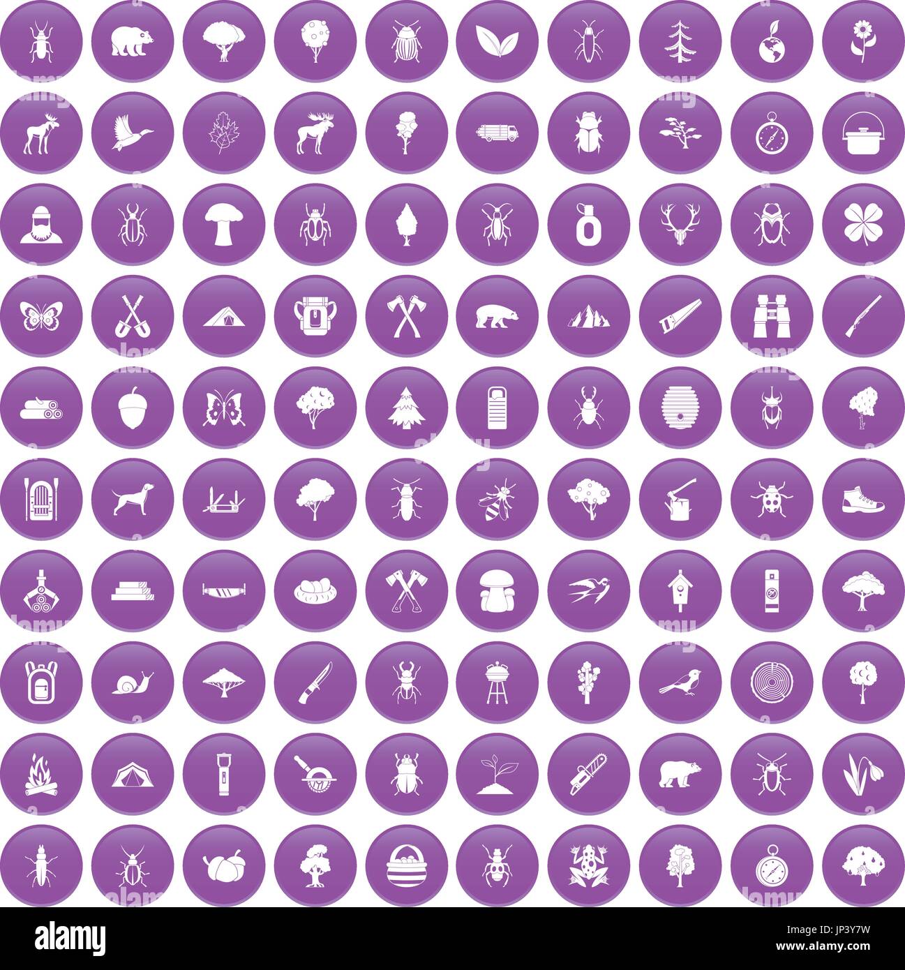 100 forest icons set purple Stock Vector