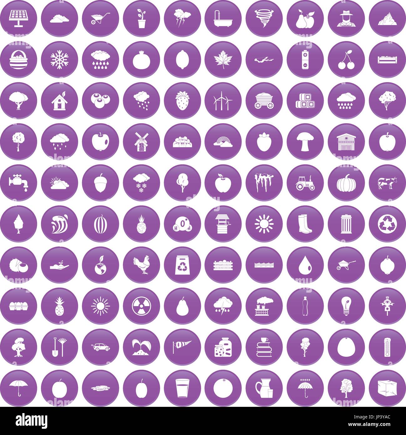 100 fruit icons set purple Stock Vector