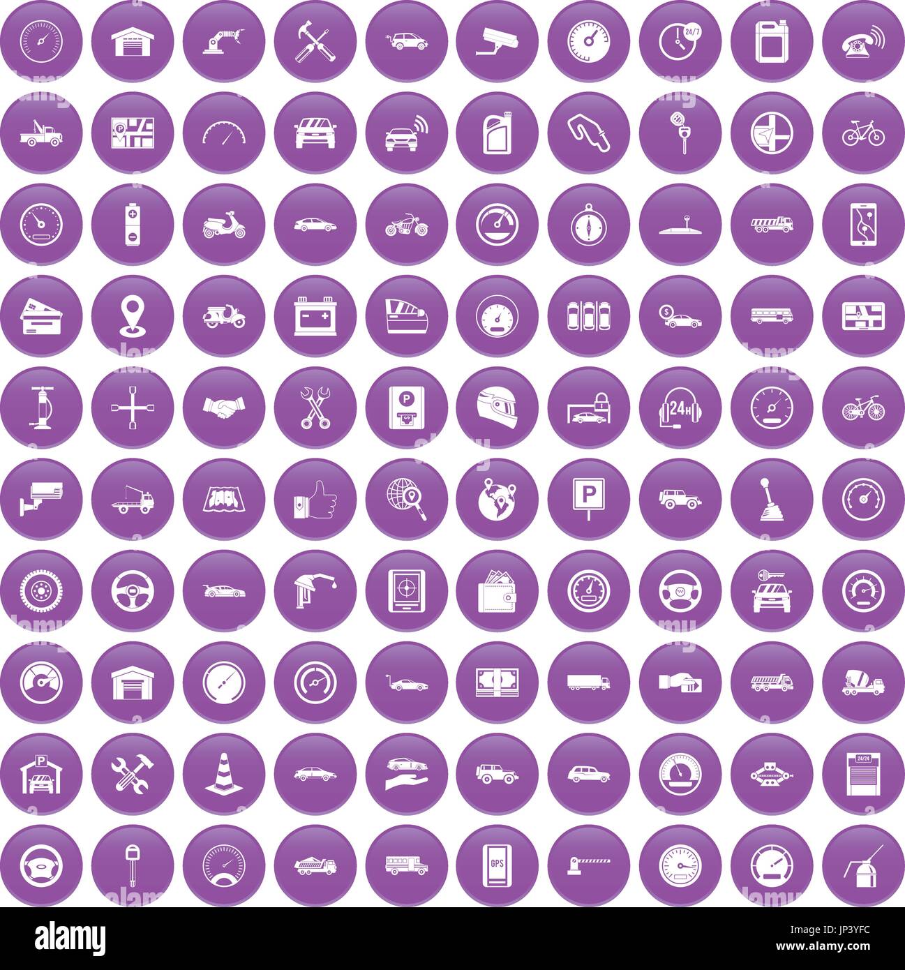 100 garage icons set purple Stock Vector
