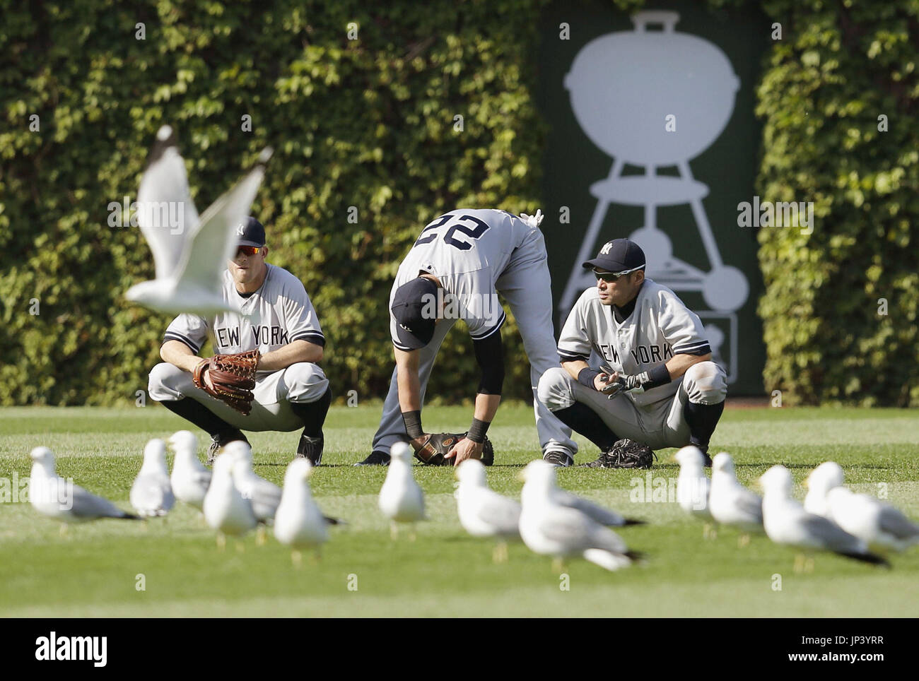 CHICAGO, United States Photo shows New York Yankees outfielders (from L) Brett Gardner, Jacoby