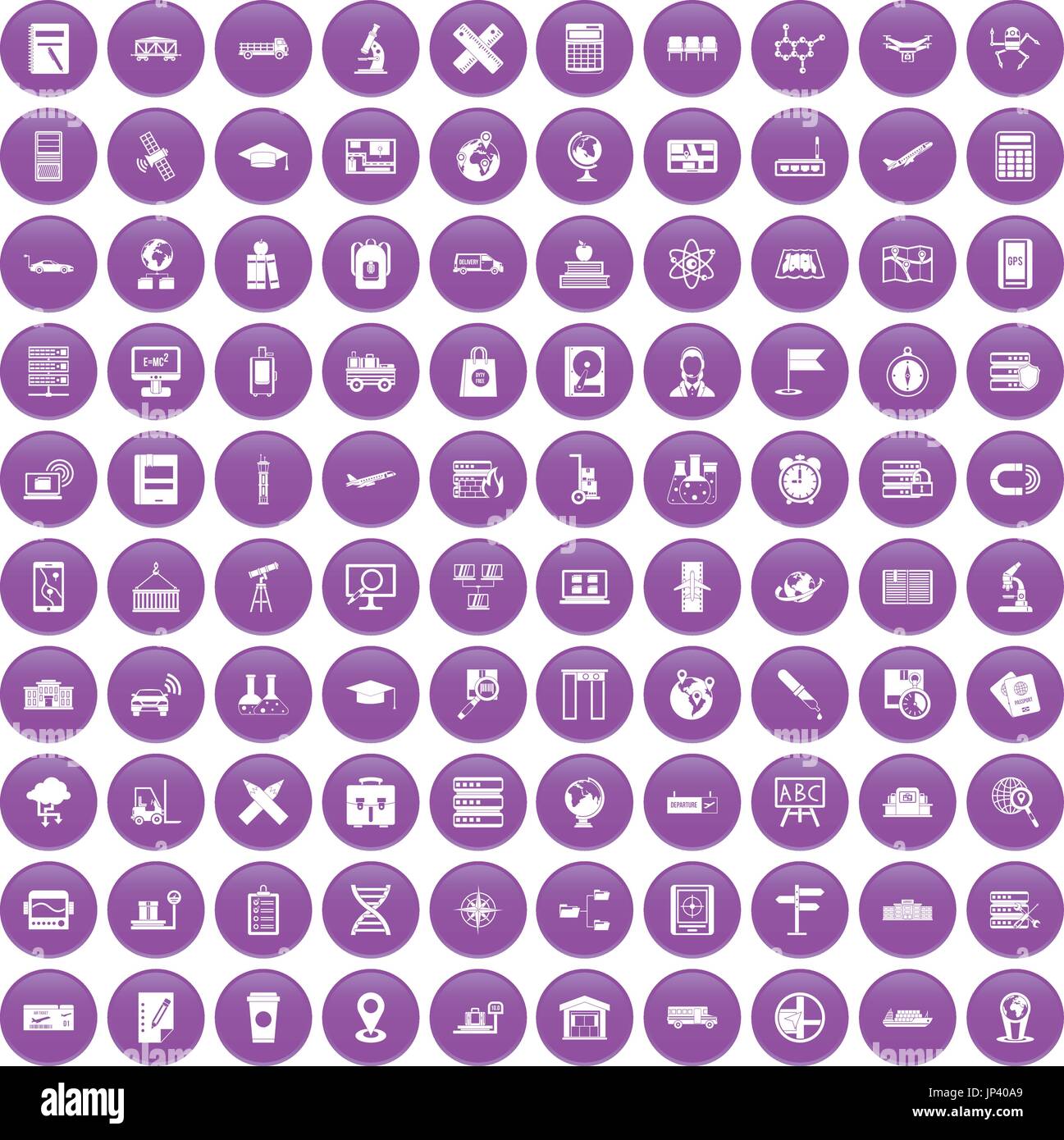 100 globe icons set purple Stock Vector