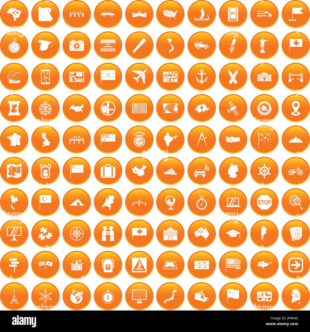 100 cartography icons set orange Stock Vector
