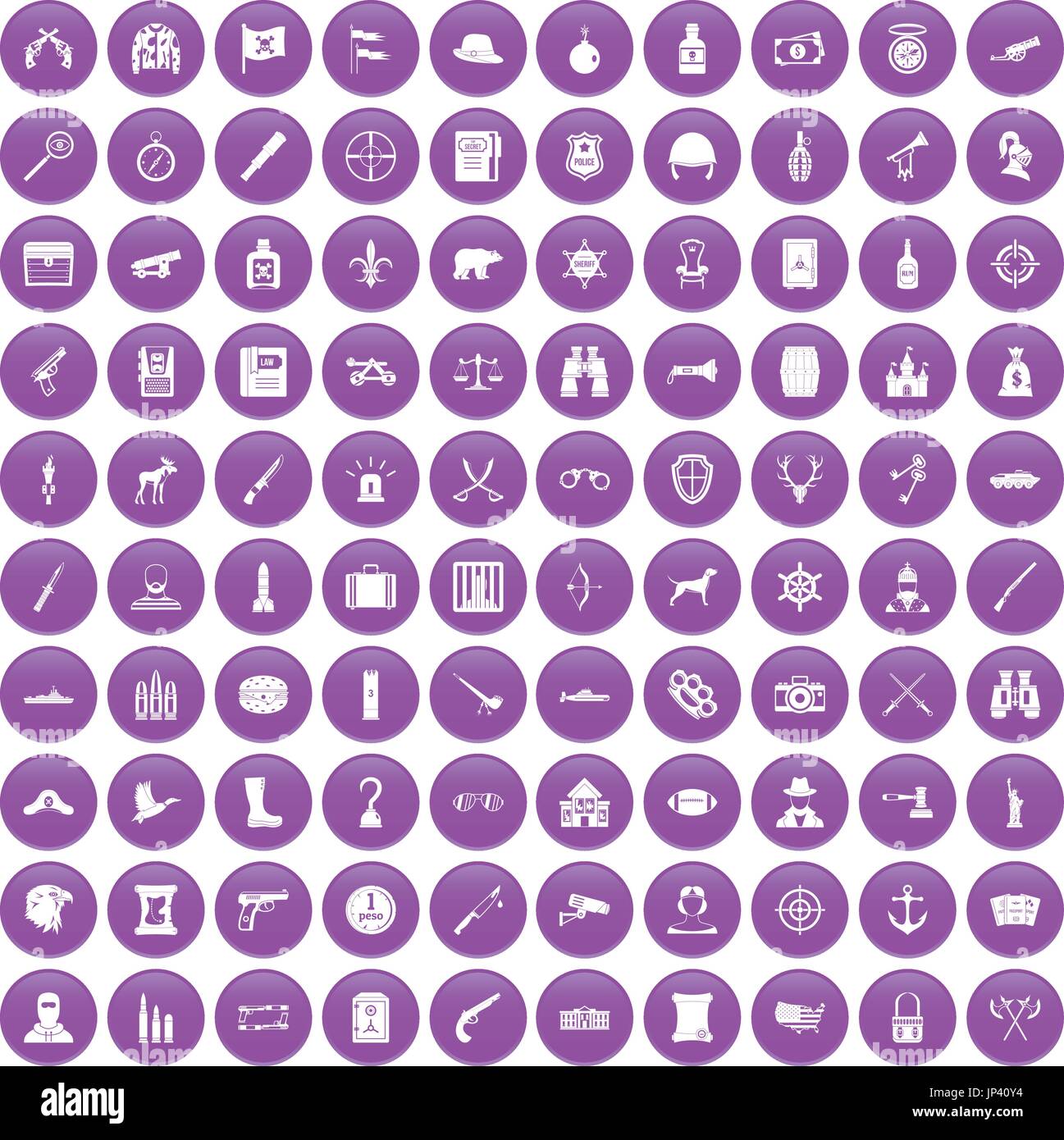 100 guns icons set purple Stock Vector