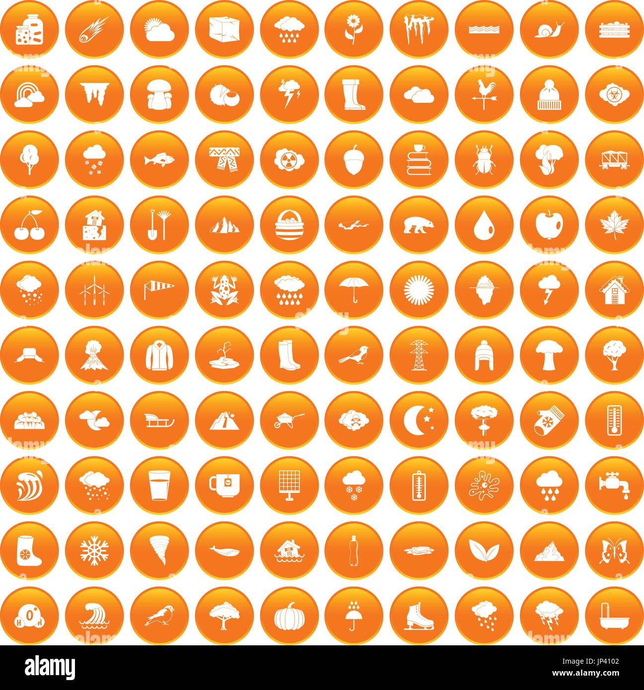 100 clouds icons set orange Stock Vector