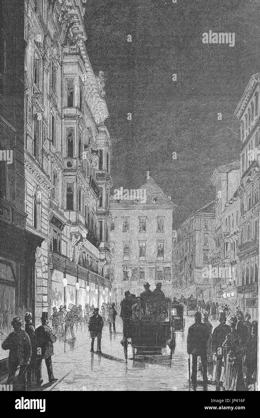 The Kaerntnerstrasse or Carinthian Street in Vienna on the evening, Austria, digital improved reproduction of a woodcut publication from the year 1888 Stock Photo