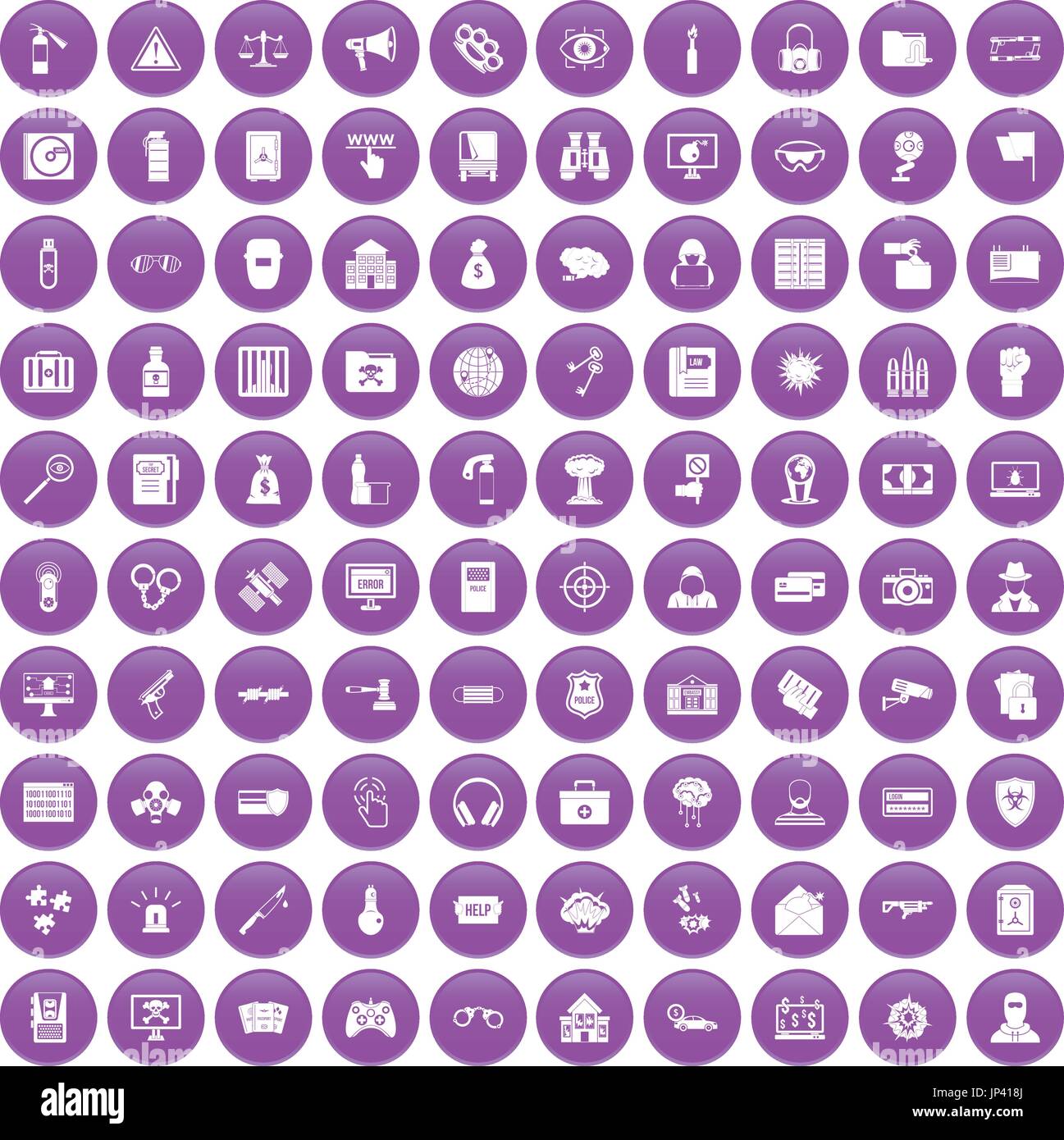 100 hacking icons set purple Stock Vector