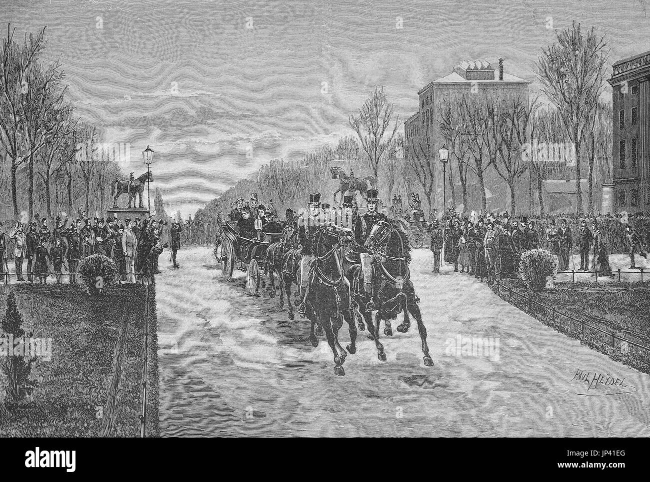 Arrival of Queen Victoria from England with the carriage in Charlottenburg, Germany, digital improved reproduction of a woodcut publication from the year 1888 Stock Photo