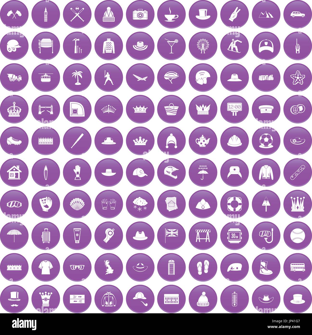 100 hat icons set purple Stock Vector