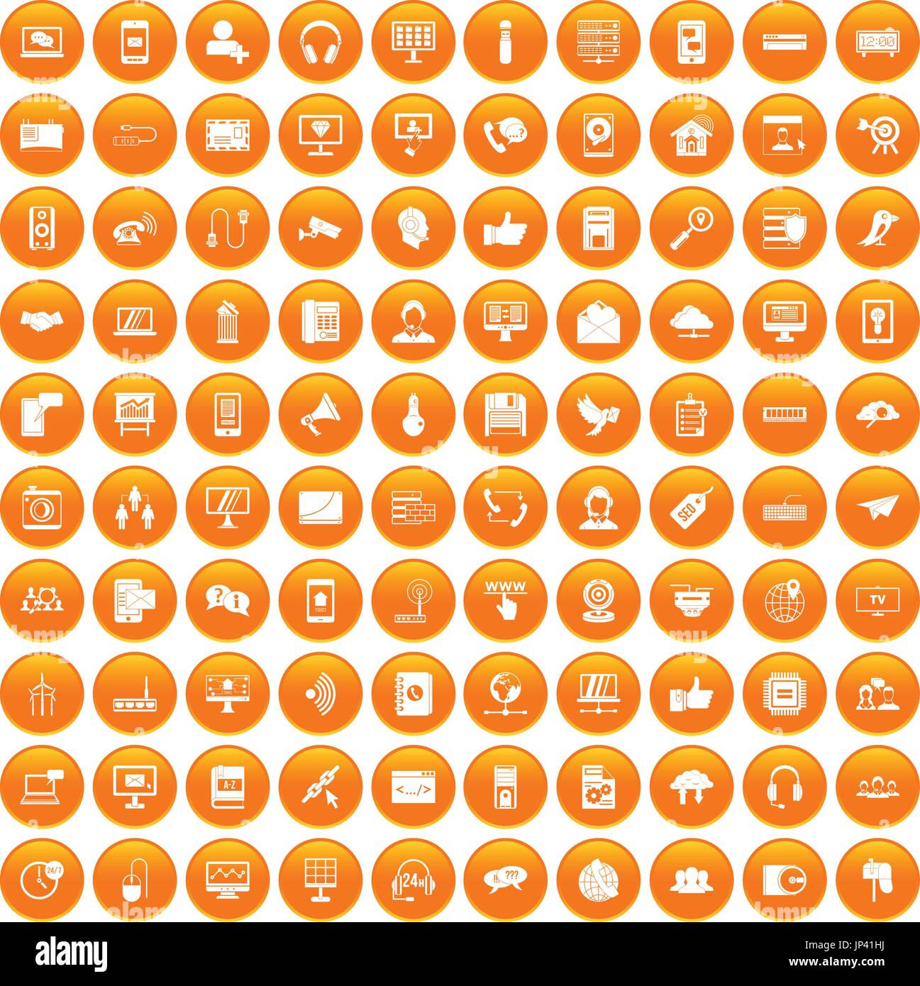 100 communication icons set orange Stock Vector