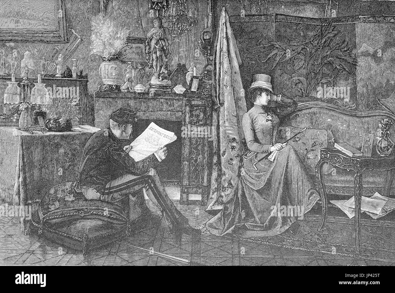 Madame sulks, couple, he reads newspaper and she sits on the sofa and is offended, a painting by Saint-Cyr, digital improved reproduction of a woodcut publication from the year 1888 Stock Photo