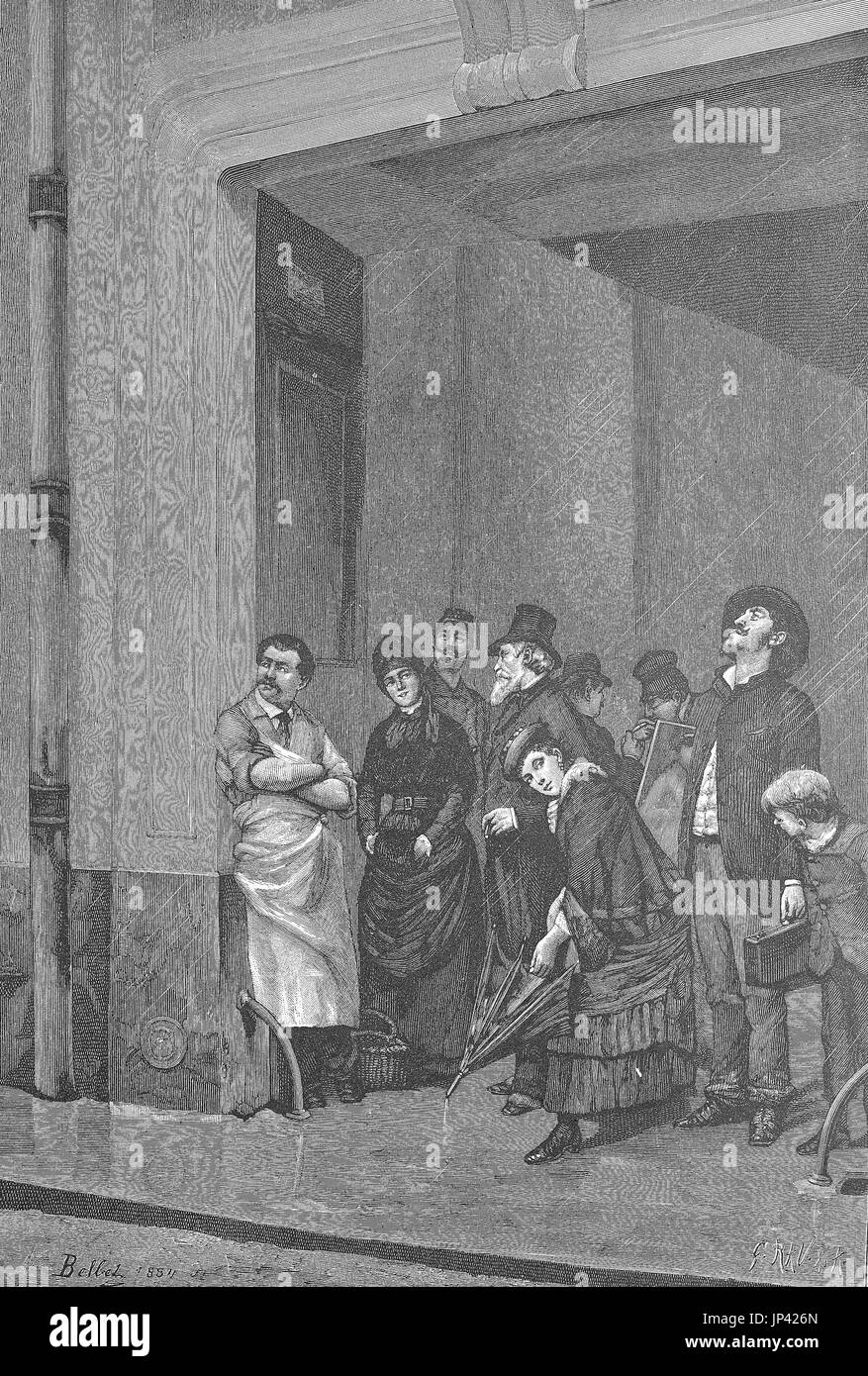 Rainy weather, people stand under one roof and wait for the rain to stop, painting from A. Bellet, digital improved reproduction of a woodcut publication from the year 1888 Stock Photo