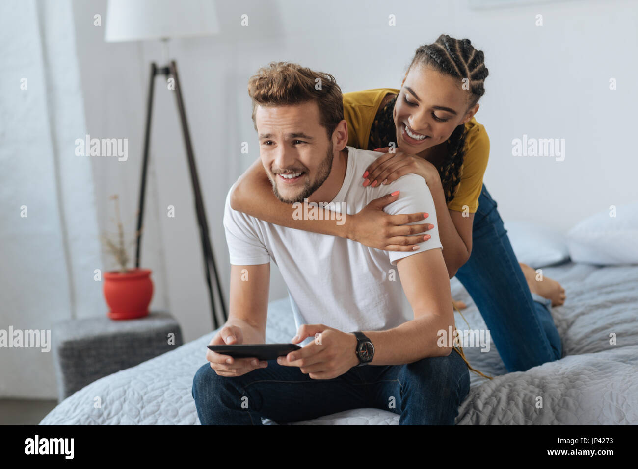 Joyful people spending weekends at home Stock Photo - Alamy