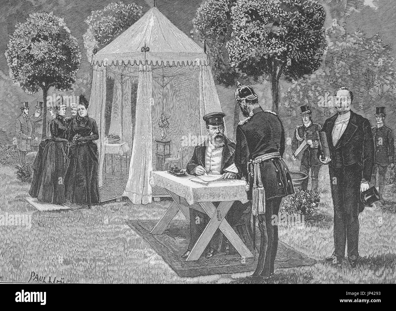 Emperor Heinrich before his party tent, he signed documents, Original drawing by Paul Heydel, Germany, digital improved reproduction of a woodcut publication from the year 1888 Stock Photo