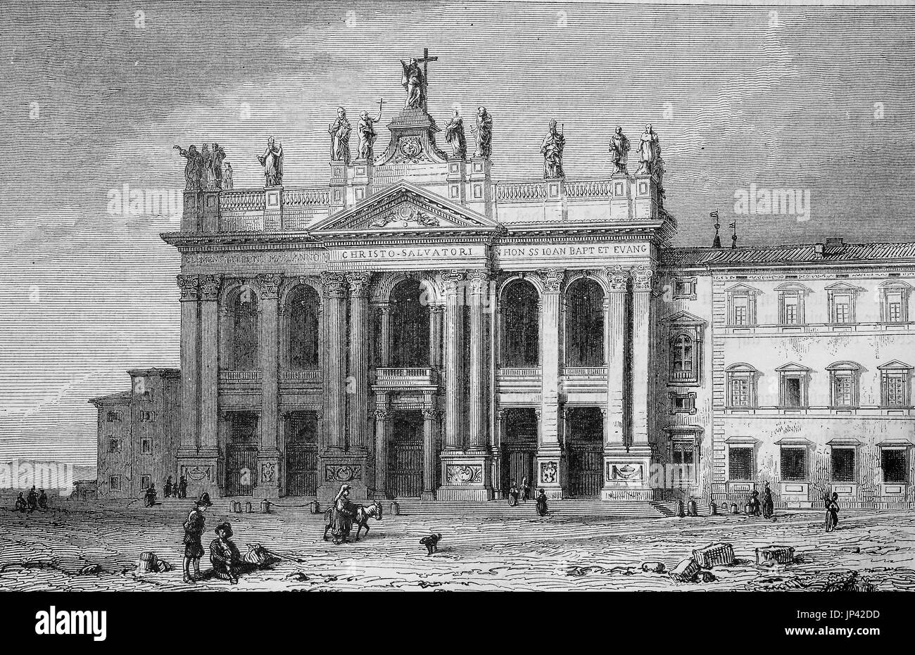 The Papal Archbasilica of St. John in Lateran or Arcibasilica Papale di San Giovanni in Laterano, commonly known as St. John Lateran Archbasilica, St. John Lateran Basilica, St. John Lateran, or simply the Lateran Basilica, is the cathedral church of Rome, Italy , digital improved reproduction of a woodcut publication from the year 1888 Stock Photo