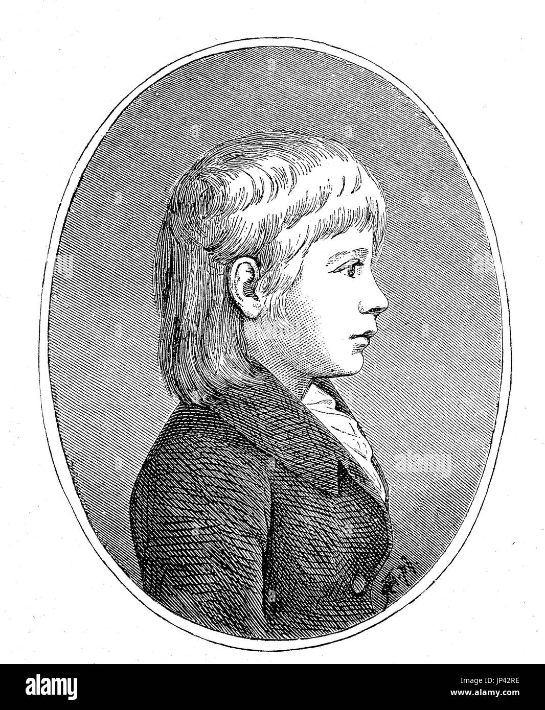 Picture of Prince Wilhelm when he was nine years old, 1806, Germany, digital improved reproduction of a woodcut publication from the year 1888 Stock Photo