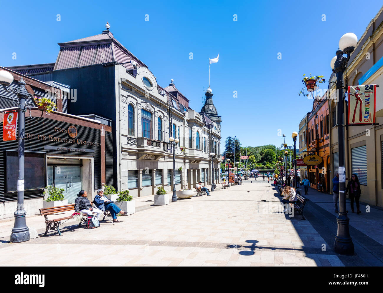 VALDIVIA, CHILE - OCTOBER 30, 2016: Pedestrian street Libertal in the center of Valdivia. This is the most beautiful and old part of the city. Stock Photo