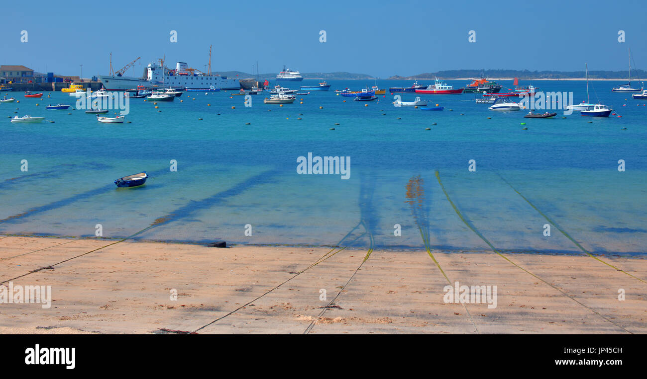 St Mary's Harbour from Town Beach, St. Mary's, Isles of Scilly, Cornwall, England, UK. Stock Photo