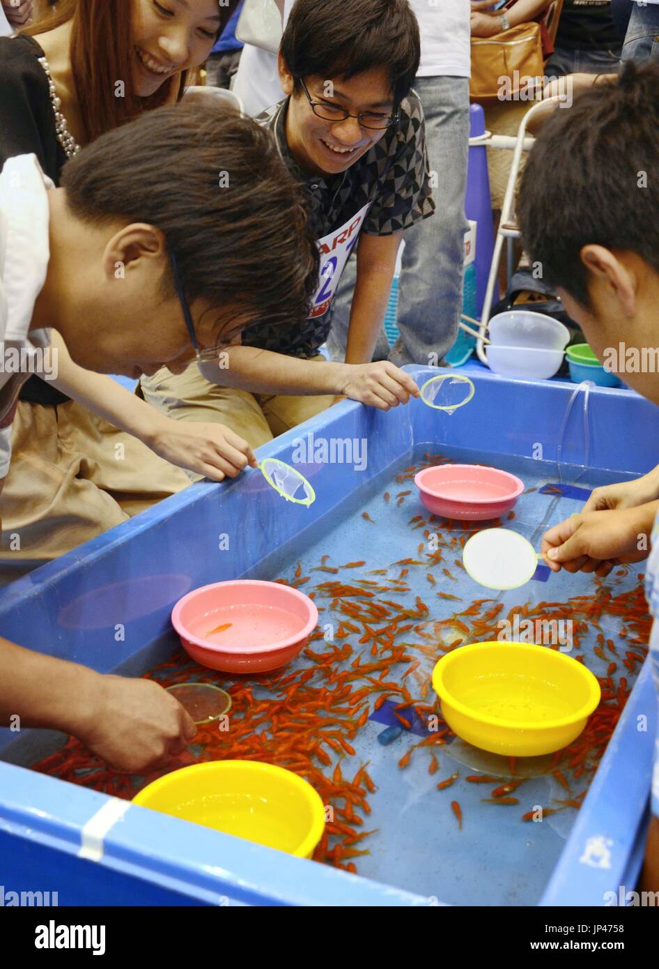 Competitive Goldfish NARA, Japan - Participants try to catch goldfish using a thin paper ...