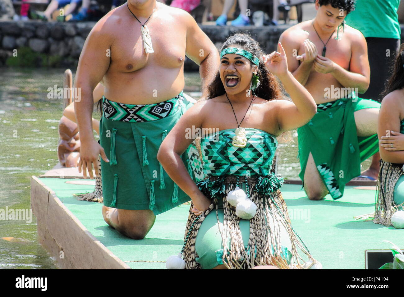 Honolulu, Hawaii - May 27, 2016: Maori Perfomers during the  'Rainbows of Paradise' Pageant at the Polynesian Cultural Center on Oahu. Stock Photo