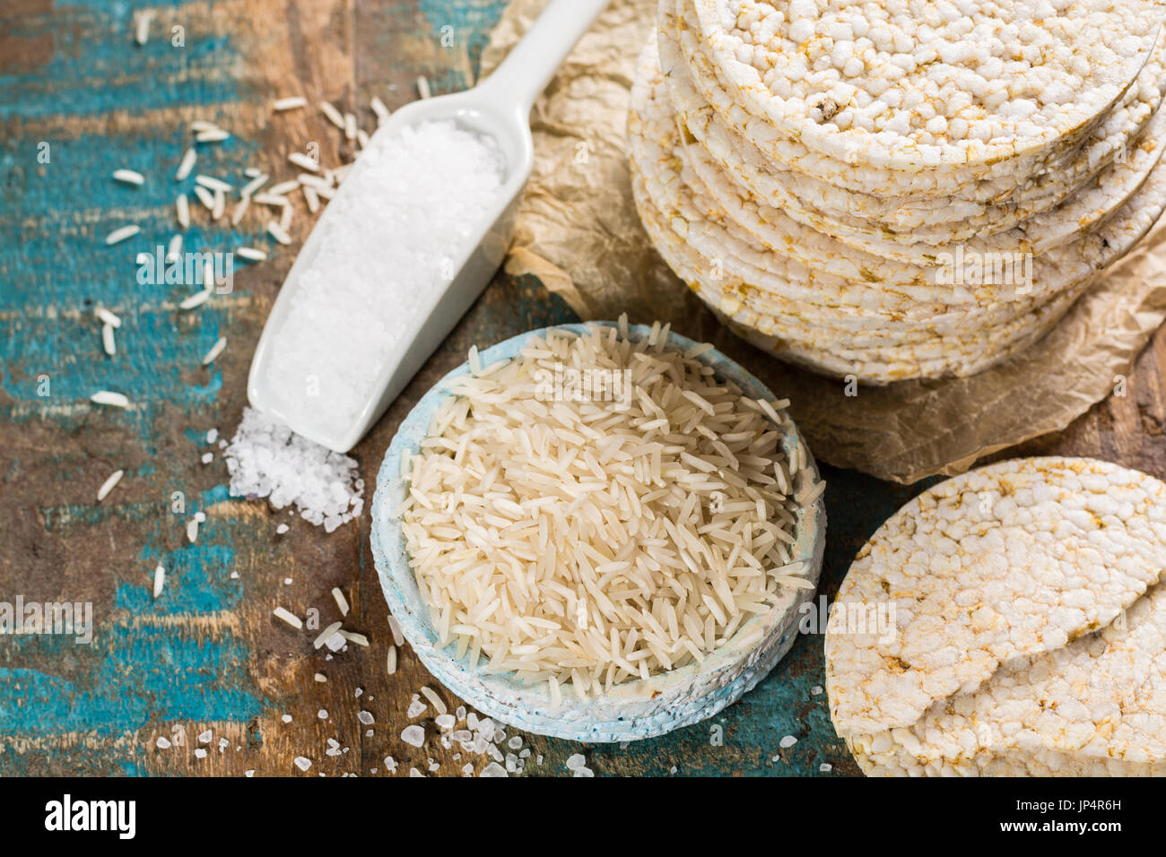 Healthy puffed rice cakes crackers stacked with sea salt close up Stock