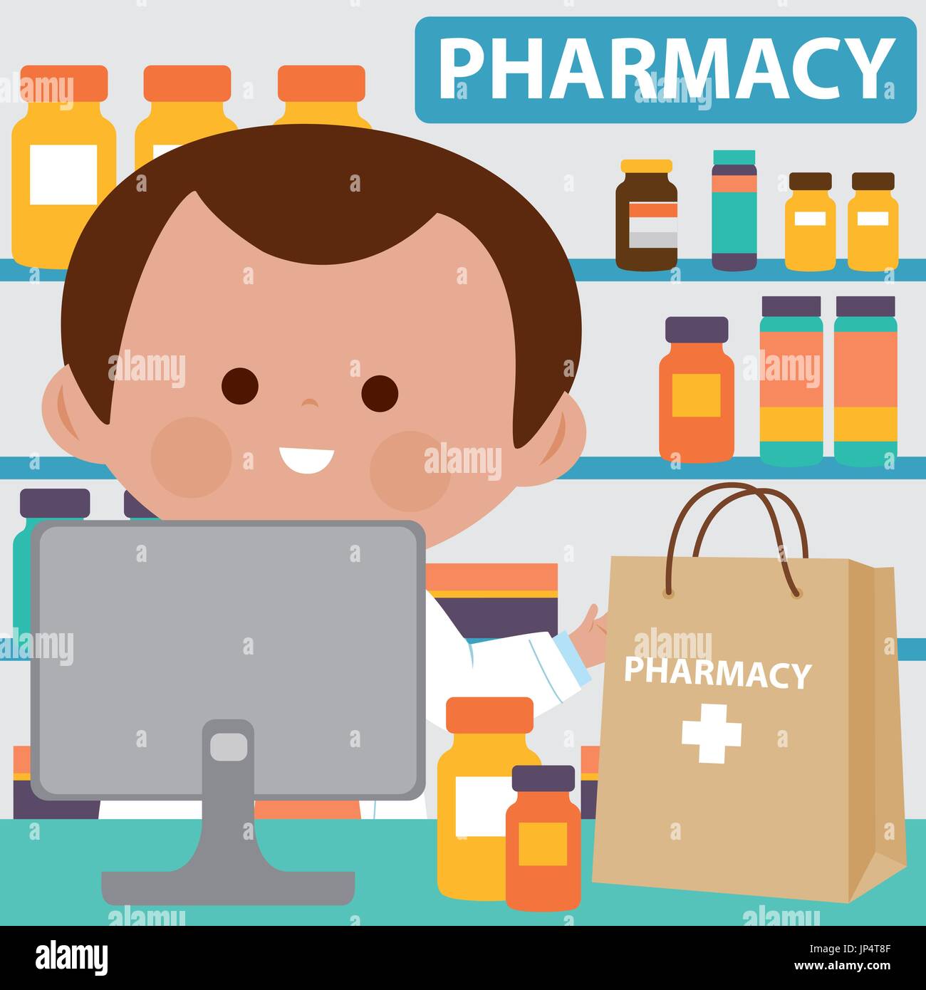 Pharmacist at the counter with shopping bag full of medicine Stock Vector