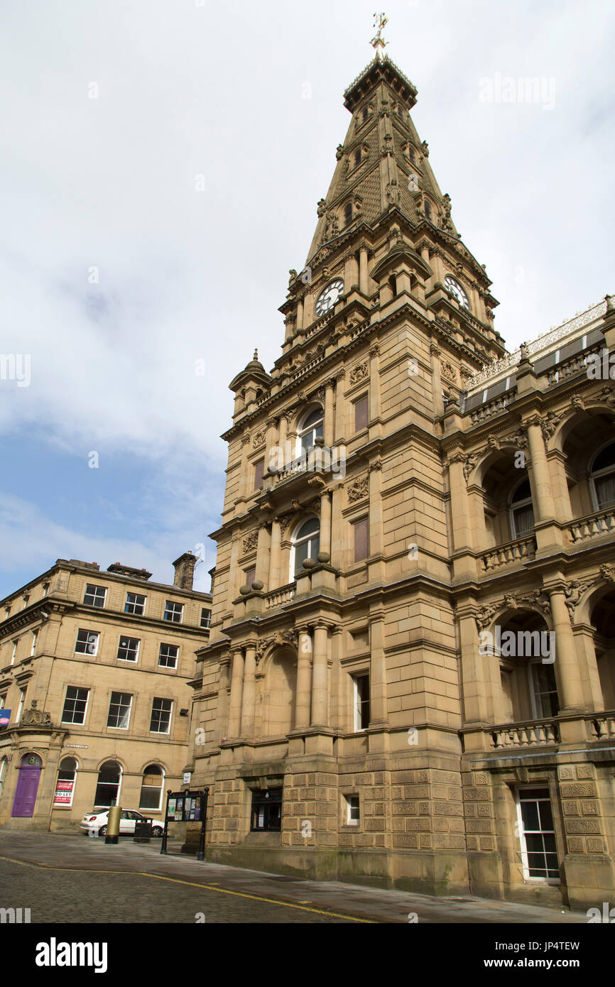 Facade of Halifax Town Hall in Halifax, England. The Grade-II listed building was designed by Charles Barry, the architect of the Houses of Parliament Stock Photo