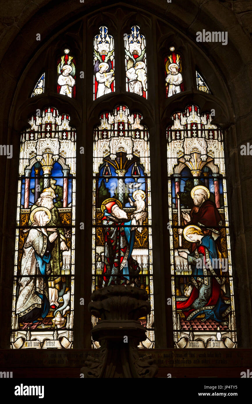 Stained glass window at Halifax Minster in Halifax, England. The place