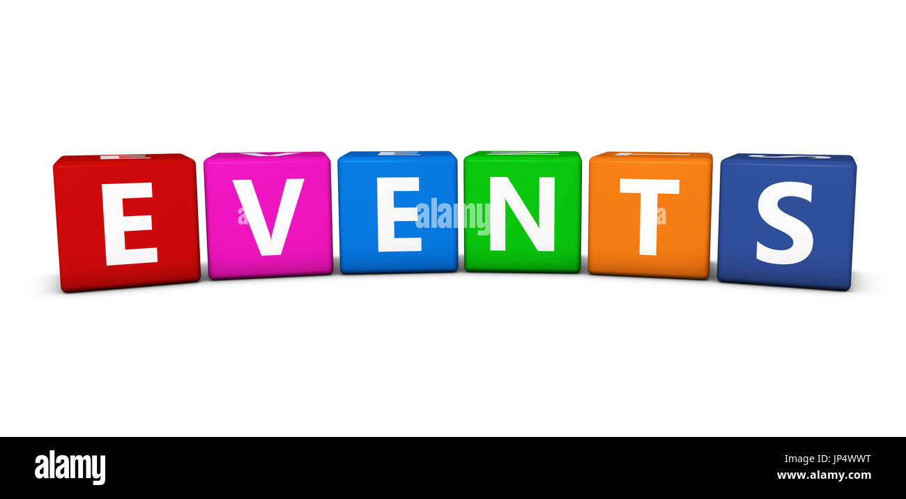 Events word and sign on colorful cubes 3D illustration on white